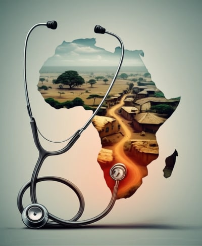 Stethoscope outlining Africa, symbolizing rural hypertension crisis