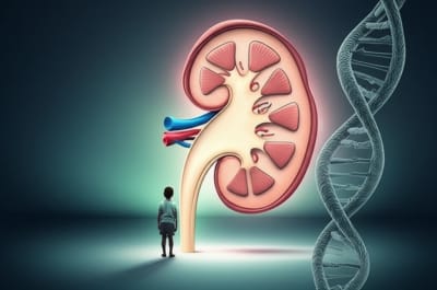 A DNA helix transforming into a healthy kidney, symbolizing personalized medicine for kidney disease.