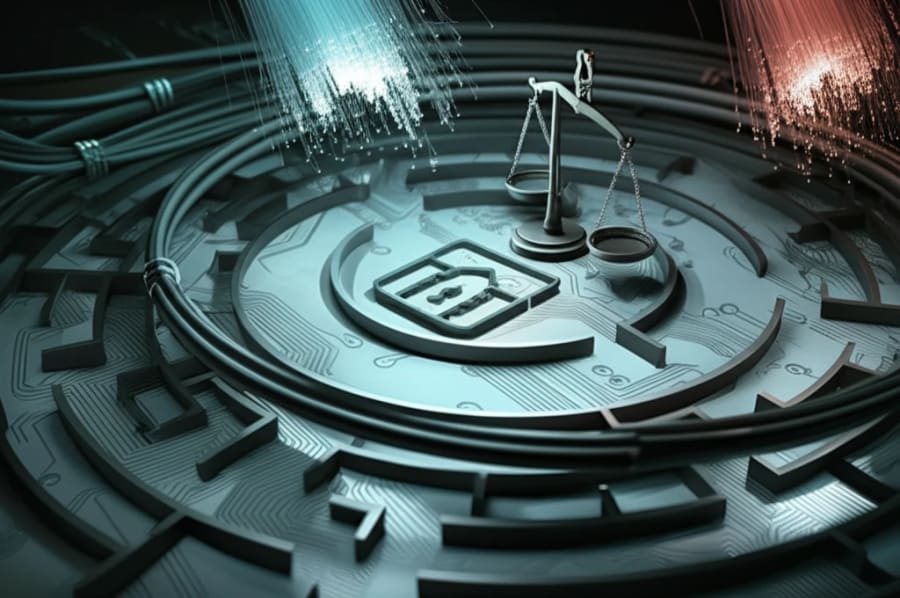 Surreal illustration of technology maze with balanced scales of justice, symbolizing ethics in security research.