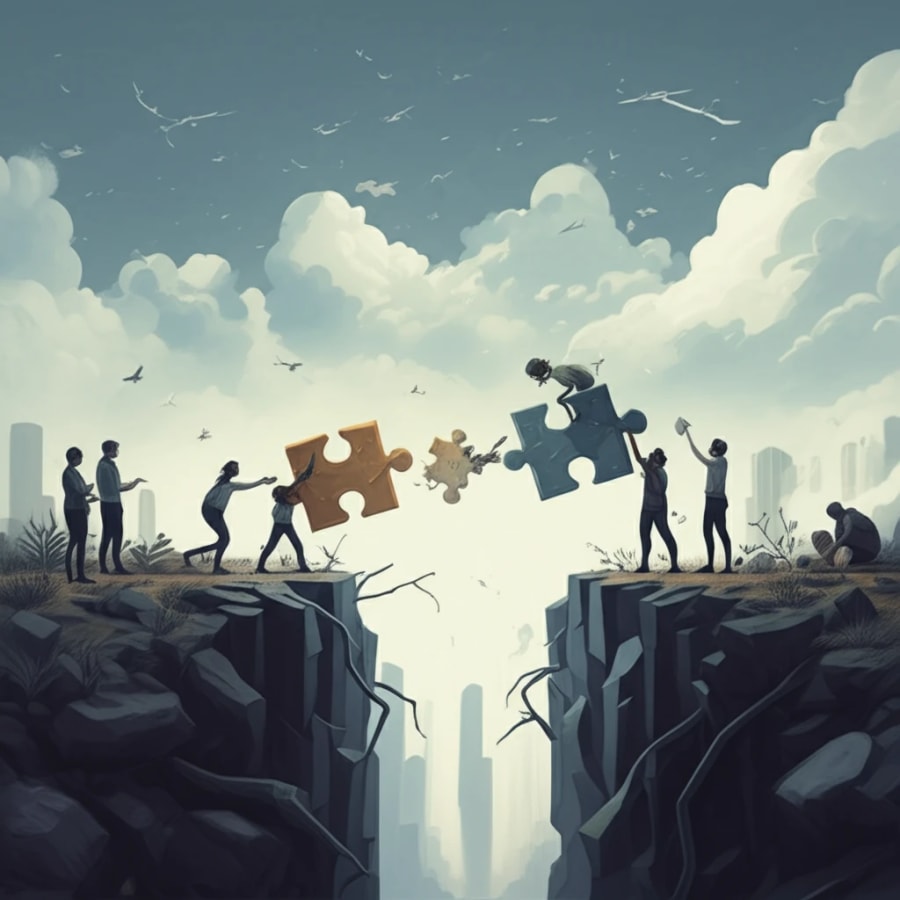 Diverse group collaboratively building a bridge over a chasm, symbolizing conflict resolution and mediation.