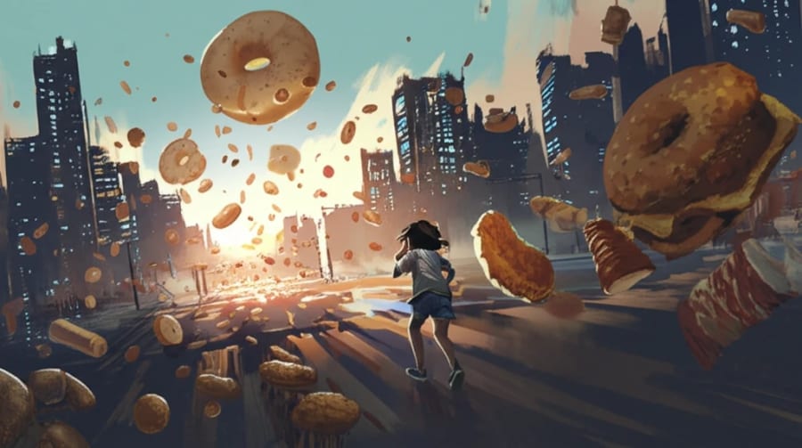 Surreal illustration of a city transforming into unhealthy food, representing urban childhood obesity.