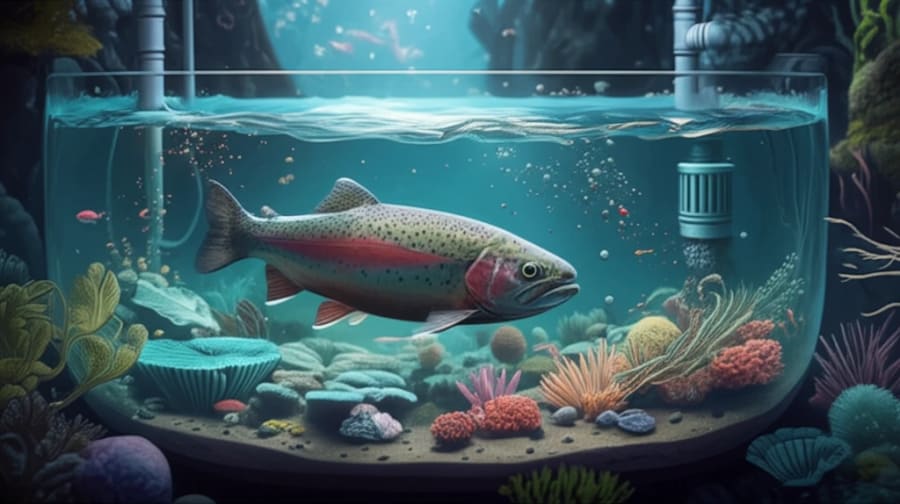 Microscopic particles in a fish tank with a healthy rainbow trout swimming through the water