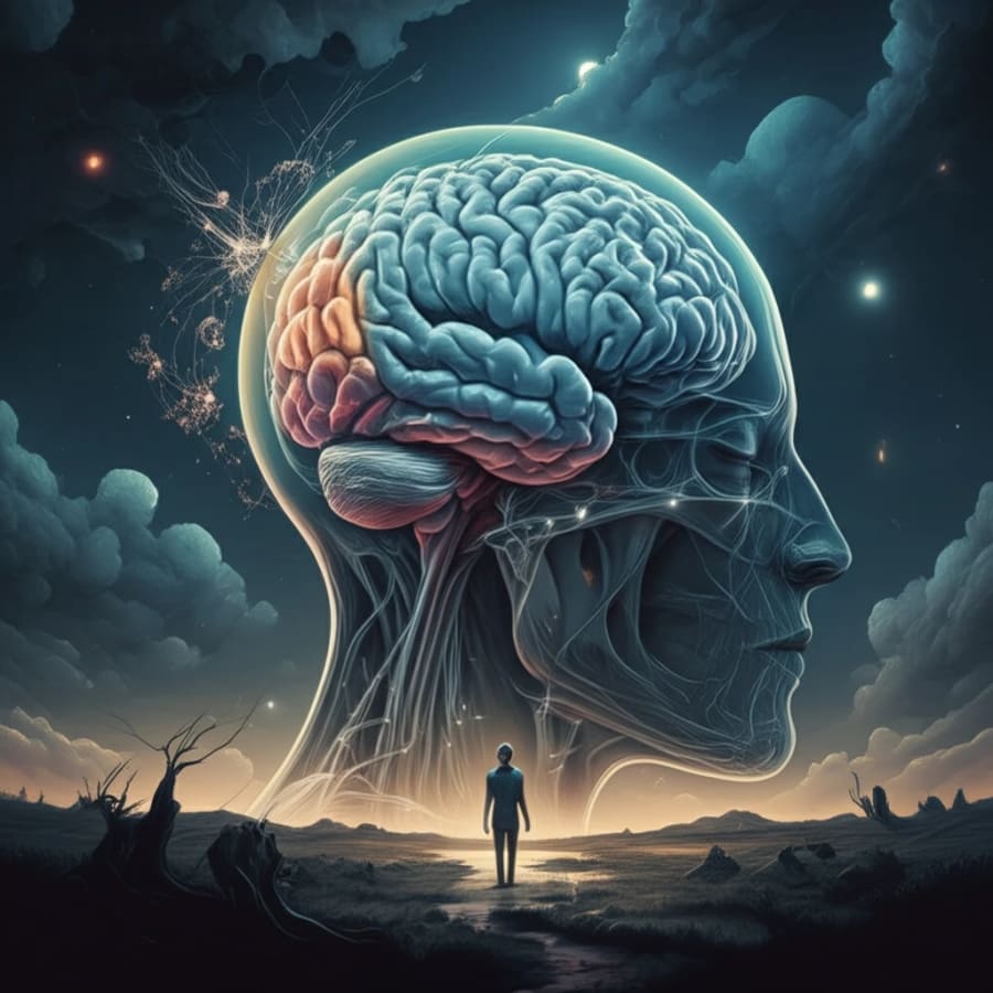 Surreal dreamscape illustrating sleepwalking and altered brain activity.