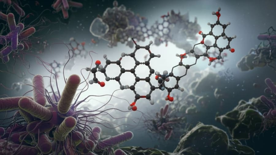 Microscopic view of pyrazolopyridine molecules fighting bacteria and fungi.