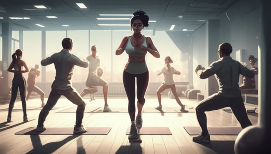 A diverse group of people participating in a virtual exercise class, with a holographic heart symbolizing improved cardiovascular health.
