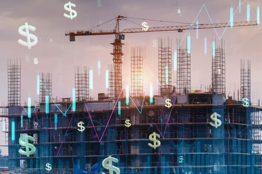 Construction site with overlaid financial graphs representing option pricing in construction bidding.