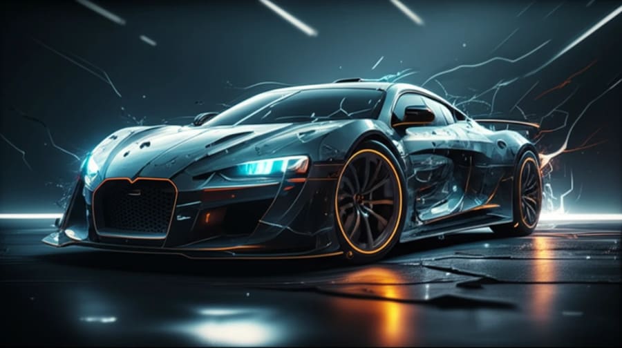 Futuristic car chassis made of carbon fiber absorbing crash energy.