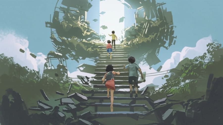 Diverse children climb a book staircase toward a bright sky, symbolizing education and opportunity.