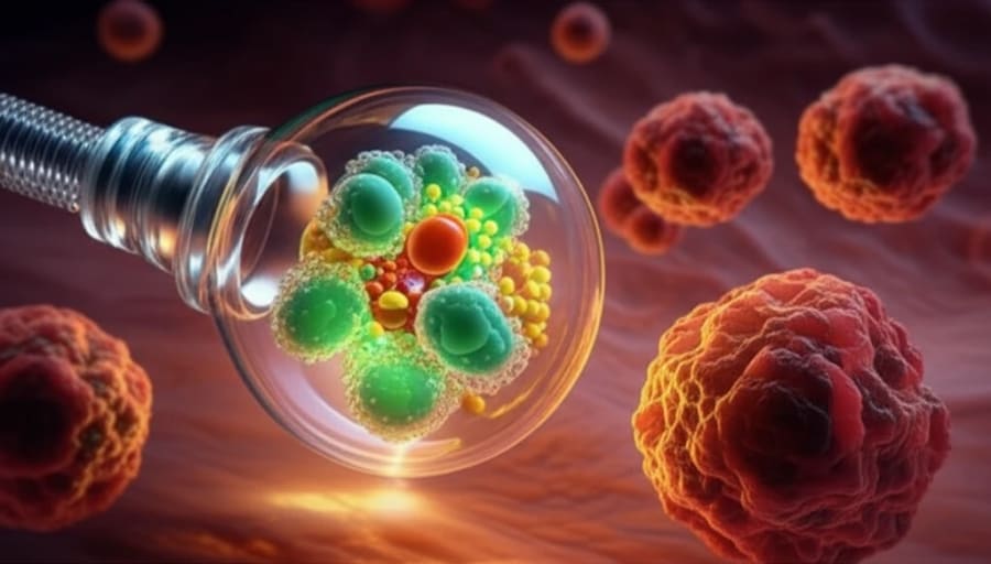 Microscopic vehicle delivering medicine to cancer cells within a lung tissue.