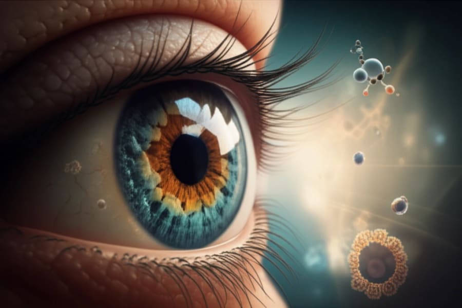 Illustration of an eye with a cataract, highlighting the role of cellular aging in vision loss.