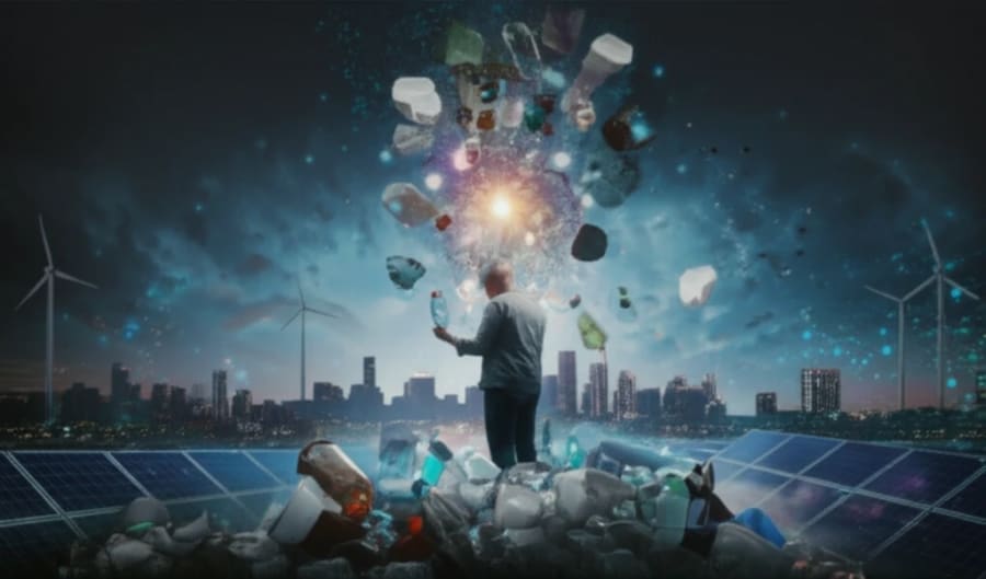 A digital illustration depicts a person sorting recycling materials, with a futuristic cityscape in the background showing clean energy