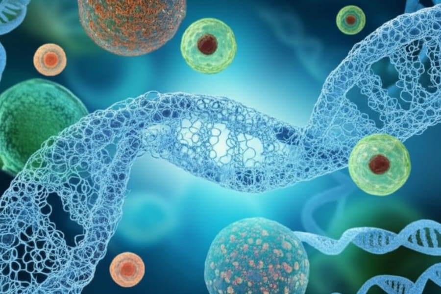 Complex interplay of DNA and fat cells, illustrating genetic factors in obesity.