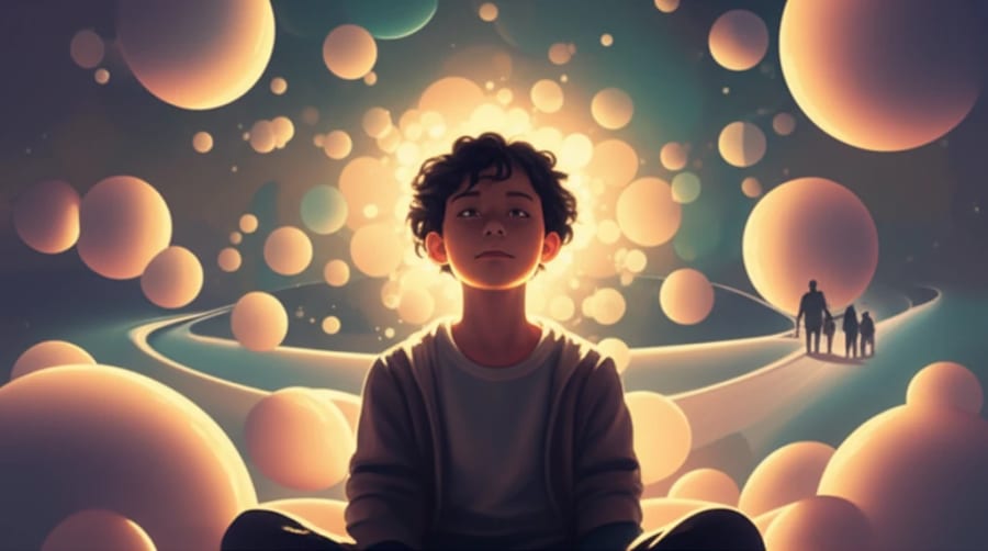Teenager surrounded by light, family in the background