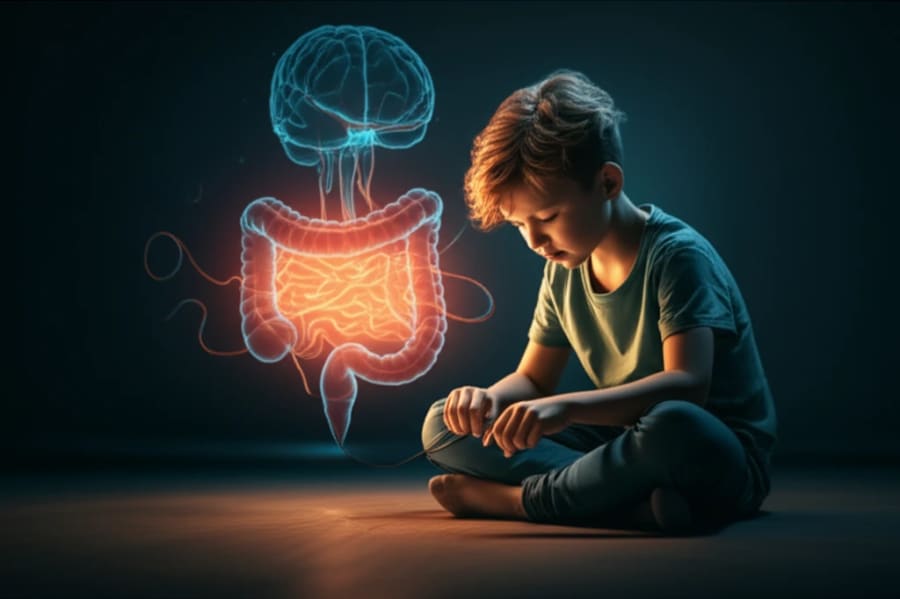 Illustration showing the gut-brain connection in a child with ADHD.