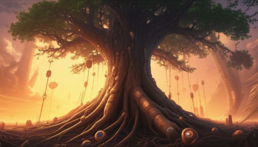 Surreal illustration of Ceiba pentandra tree intertwined with insulin receptors.