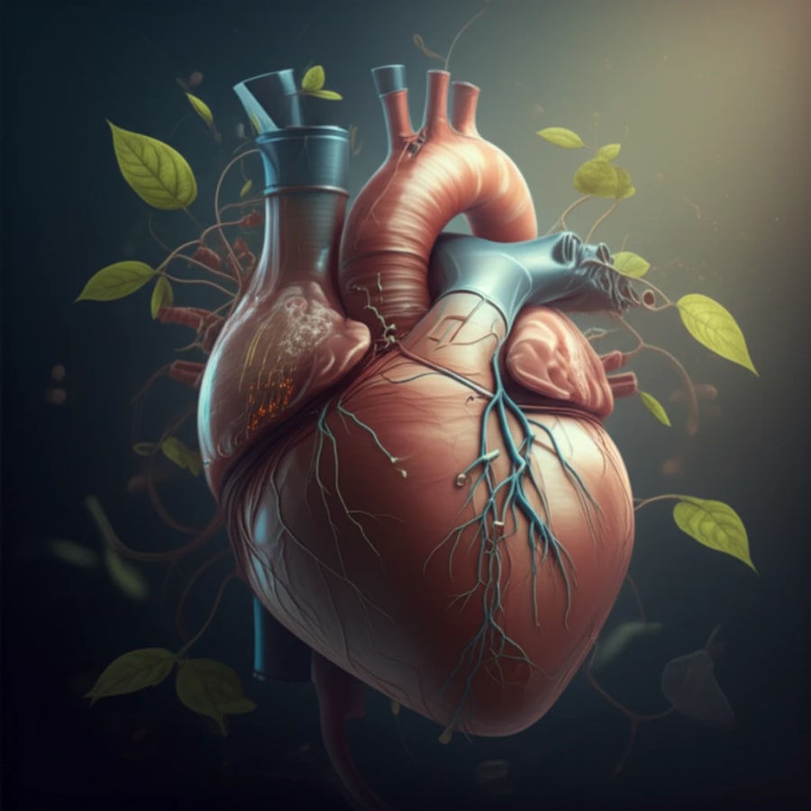 Digital illustration of a heart intertwined with circuits and plants, symbolizing tech and healing in cardiovascular health.