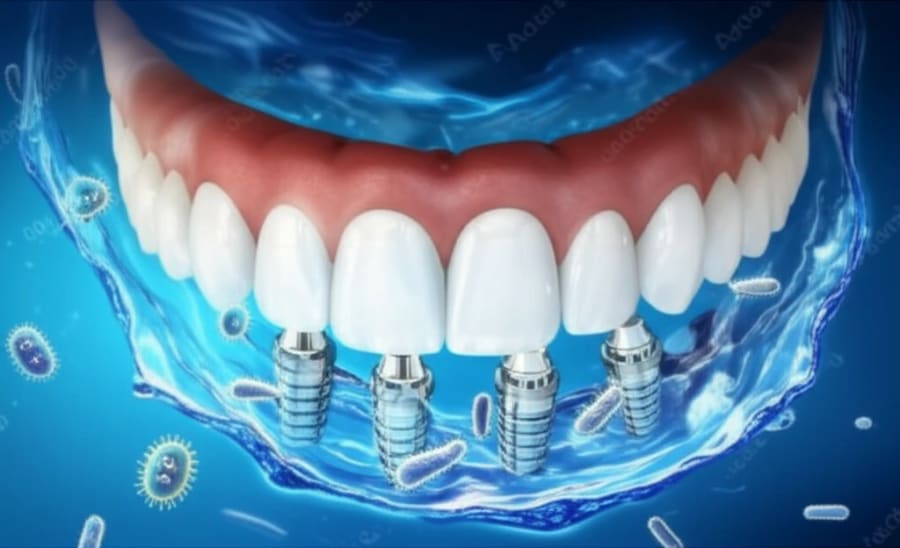 Dental implants protected by delmopinol mouth rinse