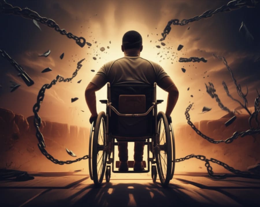 Empowered wheelchair user breaking free from barriers.