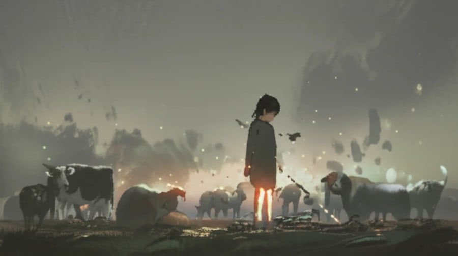 A child surrounded by farm animals with glowing joints, symbolizing brucellosis-related arthritis.