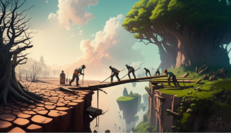 A surreal illustration depicting the divide in access to environmental health resources.