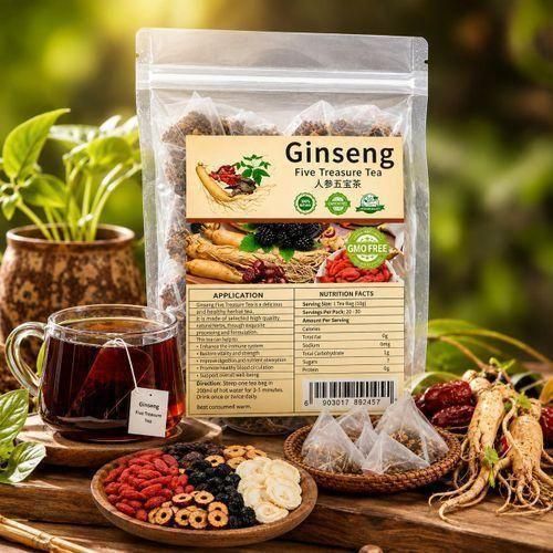 Ginseng Five Treasure Tea with herbal tea bags, ginseng roots and goji berries