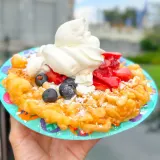 Funnel Cake with Berries, Powdered Sugar, and Whipped Cream Image