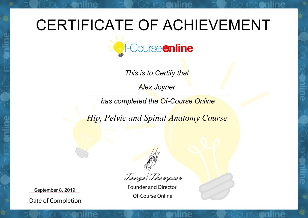 authors certificate for completing a short course on hip, pelvic and spine anatomy