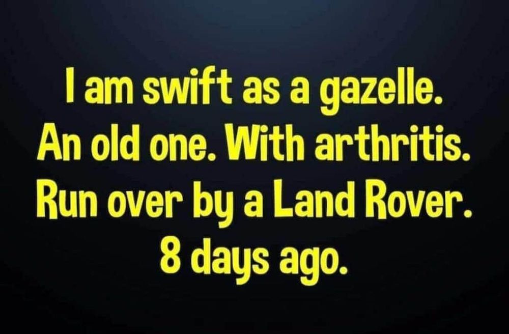 I am swift as a gazelle. An old one. With arthritis. Run over by a Land Rover. 8 days ago.