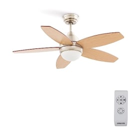 CREATE / WINDFLOWOOD - Ventilador de techo con luz níquel y aspas de madera natural, mando a distancia, 60W, Ø107cm, 3 velocidades, 3 temperaturas de luz, función verano-invierno