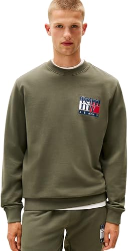 Tommy Jeans Sudadera Hombre Flag Crew con Cuello Redondo, Verde (Pewter Green), L
