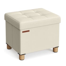 SONGMICS Puff Almacenaje, Baúl de Almacenaje Plegable, 32 x 40 cm, Taburete Reposapiés, Banco con Almacenamiento, Soporta hasta 300 kg, para Sala de Estar, Dormitorio, Blanco Crema LSF012W11