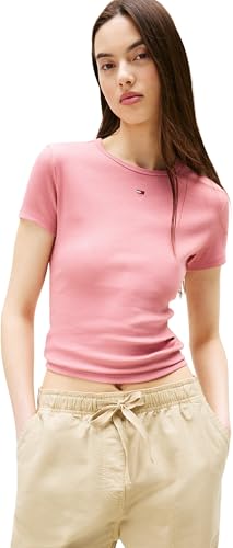 Tommy Jeans Camiseta de Manga Corta Mujer Essential Rib Slim Fit, Rosa (Tahiti Berry), S