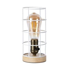 BarcelonaLED - Lámpara de Mesa de Madera Natural Vintage Industrial con Jaula Blanca y Portalámparas E27 para Salón, Dormitorio y Mesita de Noche