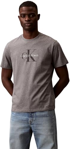 Calvin Klein Camiseta de Manga Corta Hombre Monologo Tee de Algodón - Gris (Med Grey Htr) - [Talla S]