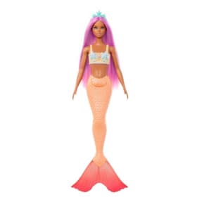 Barbie Muñeca Sirena con Cabello de Fantasía Rosa y Diadema, Juguete con Corpiño con Estrellas de Mar y Cola de Color Naranja Pastel - para Niños y Niñas + 3 Años, HRR05