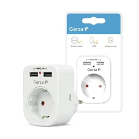 Garza Power - Adaptador de 1 toma Schuko + 2 Conexiones USB, protección Infantil, color Blanco