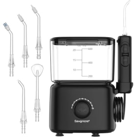 Sawgmore - Irrigador dental eléctrico con 10 niveles de presión ajustables, 600 ml de capacidad, irrigador oral con 5 boquillas multifuncionales para el hogar (negro)