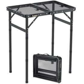 Anbte Mesa Plegable Camping 58 x 40 x 26-48-70cm - Mesa Exterior BBQ Portátil de Malla Metálica Impermeable con 3 Alturas Ajustables (Negro)