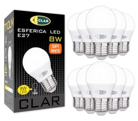 CLAR - Bombilla LED E27 Luz Cálida, Bajo Consumo, Pequeña, 40W Equivalente, G45, 8W (Pack 10)