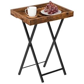 HOOBRO Mesa Auxiliar con Bandeja, de Sofá Plegable con Bandeja Extraíble de Madera, Mesita de Café de Estilo Vintage con Estructura Metálica, Estilo Industrial Contemporáneo, Marrón Rústico EBF29BZ01