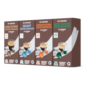 by Amazon Cápsulas de Café de Plástico Nespresso, Paquete Variado, Tostado Oscuro, 50% Arábica, 50% Robusta, 80 Unidades (4 Paquetes de 20), Certificadas por Rainforest Alliance
