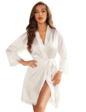RSLOVE Albornoz de satén para mujer - Bata de seda para novia/dama de honor Kimono con adornos de encaje Blanco Large