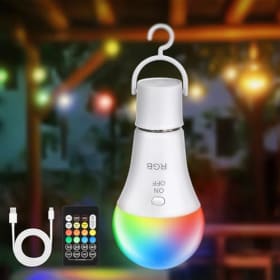 Kimjo Bombilla LED E27 Recargable USB con Control Remoto 7W RGB Regulable con Gancho - Ideal para Camping, Interior y Exterior