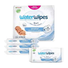 WaterWipes Sensitive+ Newborn & Baby Wipes, Toallitas Para Recién Nacidos y Bebés, 240 unidades (paquete de 4), 3 en 1 Limpia, Cuida, Protege, 99,9% Agua, Sin perfume