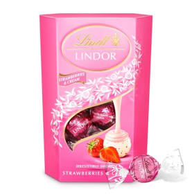 Lindt LINDOR Chocolate blanco y fresa, San Valentín para regalar, caja de bombones fresa, fresa y nata, bombones para regalar, 16 bombones, 200g