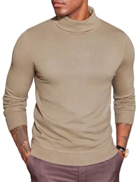 COOFANDY Suéter de Cuello Alto para Hombre - Jersey de Punto Casual Manga Larga Ligero - Invierno Trabajo Oficina Caqui L