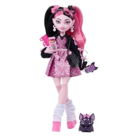 Monster High Draculaura Muñeca con Vestido Rosa con Lazo y cárdigan Negro, murciélago Mascota Count Fabulous y 7 Accesorios, como Ramen, pintalabios y Bolso, JHK29