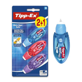 BIC Tipp-Ex Cinta Correctora de Bolígrafos, Óptimo para Material Escolar, Micro Tape Twist, 8m x 5mm, Con Cabezal Rotativo, Blíster de 3, Multicolor
