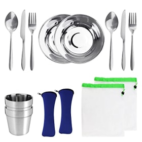 EMAGEREN Set de Cubiertos para Llevar 14 en 1 - Vajilla de Acero Inoxidable Portátil para 2 Personas
