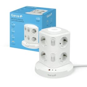 Garza - Regleta Torre 11 en 1 con 8 Enchufes Schuko, 2 USB-C PD20W y 1 USB-A, Carga Rápida, Luz Nocturna Regulable, Interruptores Individuales y Protección contra Sobrecargas y Cortocircuitos, Blanco